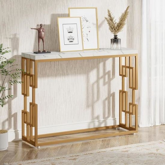Table Console Blanche Moderne Tribesigns - 150cm Avec Plateau Marbre & Pied Métal Doré - Parfait Pour Entrée, Salon, Couloir
