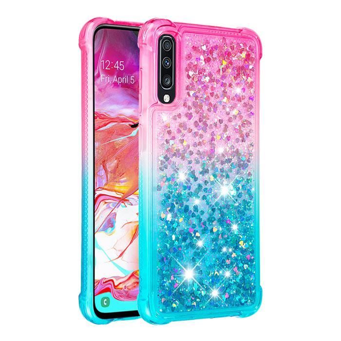 Coque Samsung Galaxy A70, Transparente Silicone Liquide Paillette Gradient Couleur Ultra-fin Antichoc, Rose Bleu