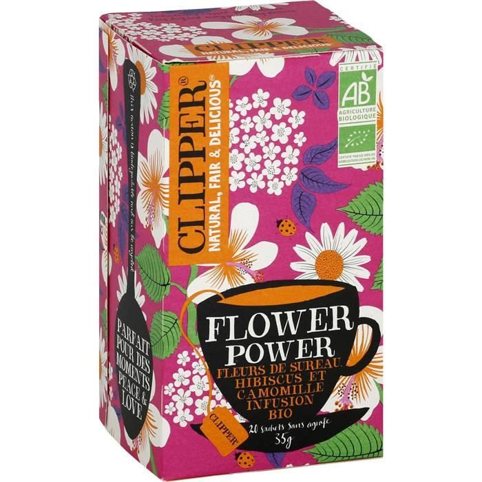 LOT DE 3 - CLIPPER® Flower Power Infusion hibiscus camomille fleurs de sureau bio - 20 sachets