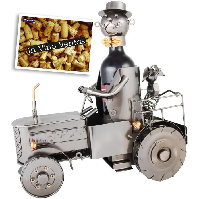 BRUBAKER Tracteur de Bouteille de vin avec conducteur et Chien – Objet décoratif en métal – Support pour Bouteille