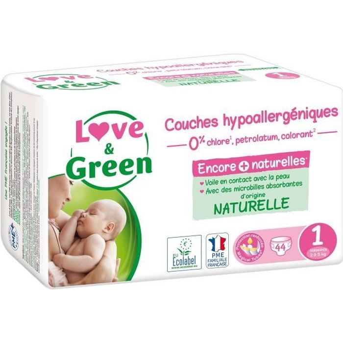 LOVE AND GREEN Couches Taille Naissance - Certifiées Ecolabel et hypoallergéniques T1 x 44 (2 à 5 Kilos)