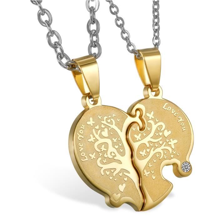 SAUTOIR - COLLIER Collier Pour Amoureux Couple Puzzle Coeur Arbre de Vie Strass Acier Inoxydable Couleur Argent Or Cadeau de