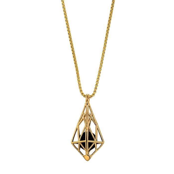 One Man Show - Collier en acier doré forme cage triangulaire avec une perle pailletée couleur noire (317063DN)