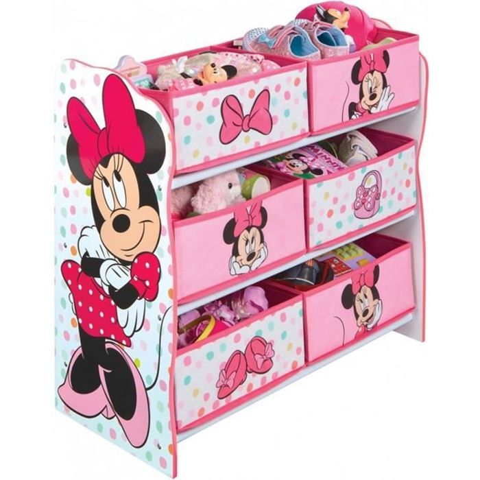 Meuble de rangement enfant avec 6 bacs, rose motif minnie mouse - Dim : H 60 x L 63,5 x P 30 cm