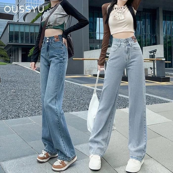 OUSSYU Jean taille haute pour femmes jambes larges droites vetements en denim de coton streetwear bleu mode Pink plus B Blanc Cdiscount Pret a Porter