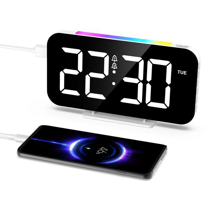 Réveil Numérique CHEREEKI Avec Veilleuse RGB - 2 Alarms, Port USB, 11 Couleurs LED
