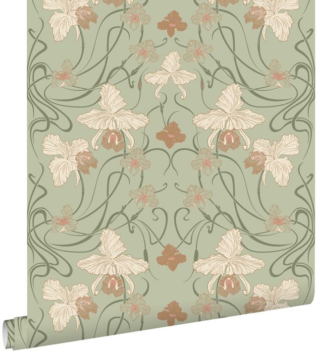 ESTAhome -  papier peint - fleurs vintage de style art nouveau - vert grisé et terracotta - 0.53 x 10.05 m