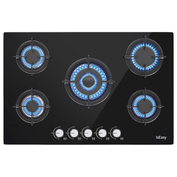 Table De Cuisson à Gaz Phönix PG-901T – 5 Brûleurs, Verre Noir – 86,5 Cm – Classe A