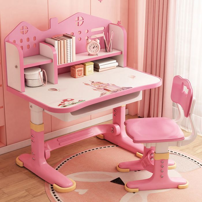 Bureau enfant - Bureau détude pour enfants avec tiroirs - 111x80x54CM - En forme de château - Réglable en hauteur 65-70CM - ROSE