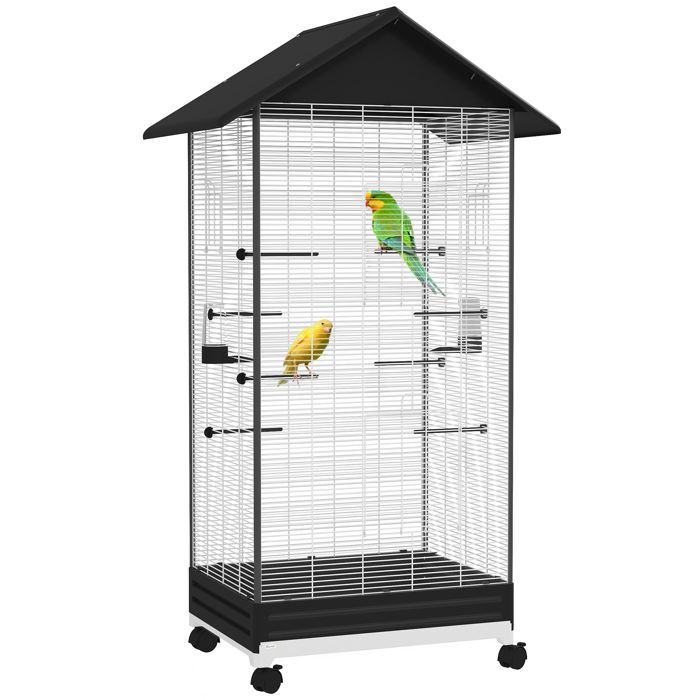 Cage oiseau - PawHut - avec roulettes plateau coulissant - 2 mangeoires et 8 perchoirs - 79 x 65 x 155 cm - noir