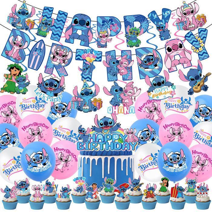 Kit Décoration Anniversaire Stitch 7 Ans - Complet Avec Ballons, Bannière, Nappe, Assiettes, Cupcakes - Thème Enfant Garçon Parfait