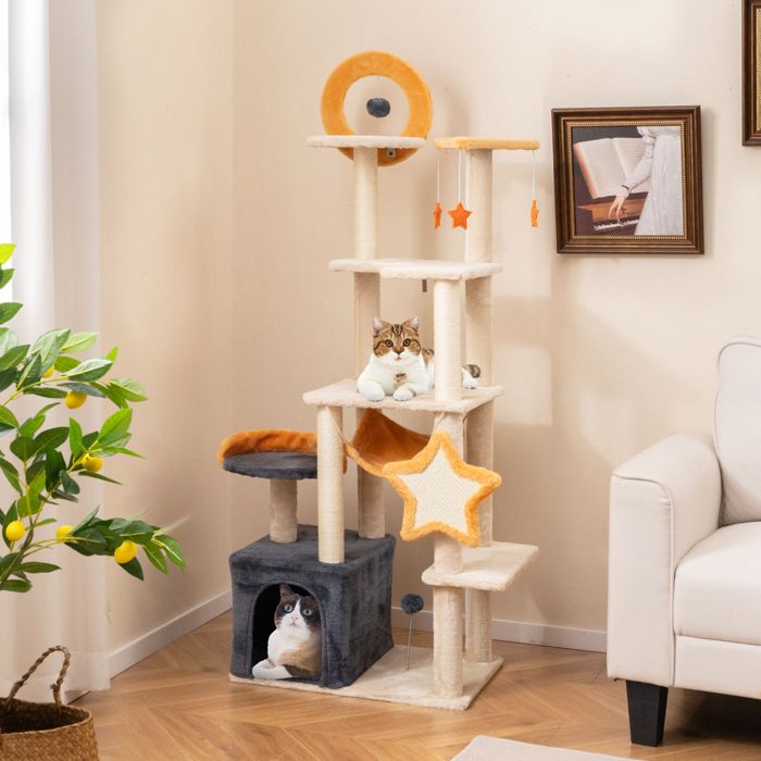 Comparer les prix de Arbre à Chat Multi-Niveaux 160 cm COSTWAY Poteaux à Gratter en Sisal Condo Perchoir Plates-formes en Peluche Jouets Suspendus