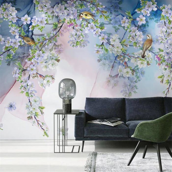 Papier Peint Panoramique Fleurs Bleues Oiseaux 3D Décoratif Bureau Salle à Manger Salon à Coucher Canapé TV Mur-350cm×250cm