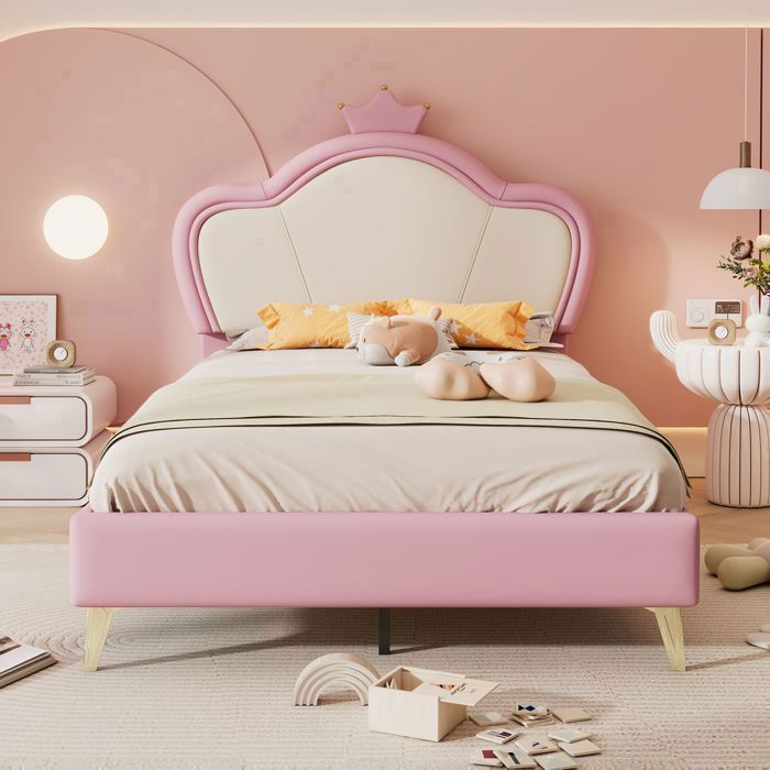 Lit Rembourré Enfant - SOGEU - Princesse Couronne - 90x200 cm - Sommier 12 lattes inclus - PU Rose/Blanc bords rembourrés