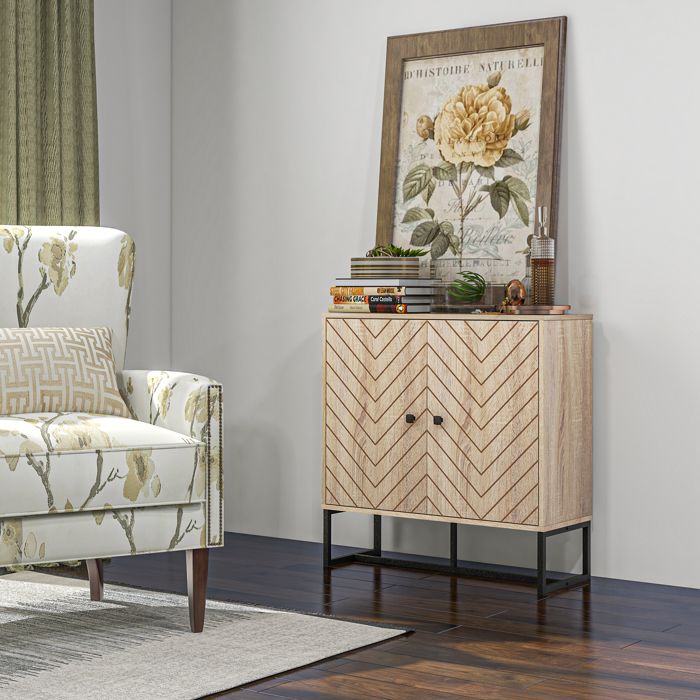 Buffet meuble de rangement 2 portes bois et pieds en métal noir dim. 80L x 29 5l x 80H cm