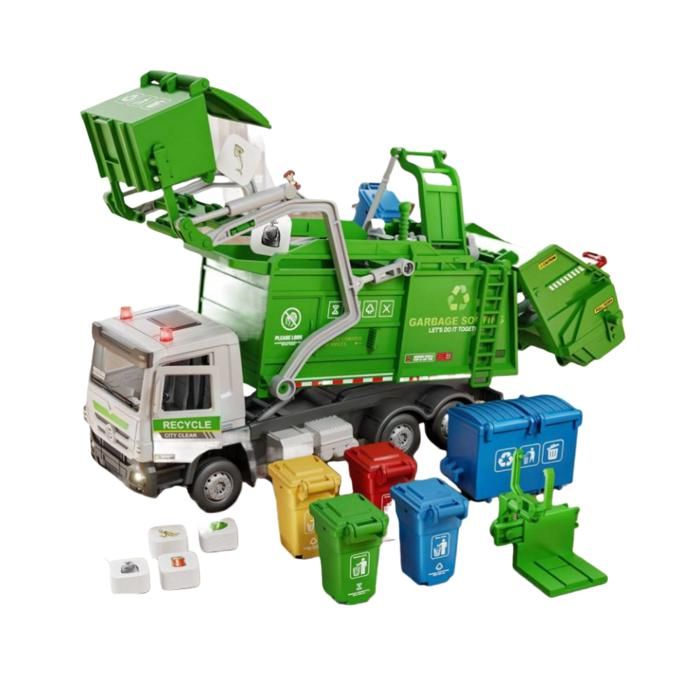 Camion Poubelle Jouet à Friction Lumineux Et Sonore – 4 Poubelles De Tri + Figurines + Cartes Éducatives – Vert – Dès 3 Ans Camion Ordures Avec Lumière