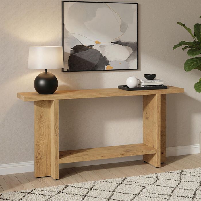 Console dentrée TOPESCT 150x30x80 cm longue étroite grain de bois pour entrée couloir salon chêne