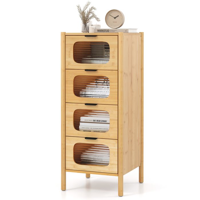 GIANTEX Commode à 4 Tiroirs en Verre Trempé Pieds en Bambou Meuble de Rangement pour Chambre Salon Entrée 40x40x97cm Naturel GIANTEX Commode à 4 Tiroirs en Verre Trempé Pieds en Bambou Meuble de Rangement pour Chambre Salon Entrée 40x40x97cm Naturel