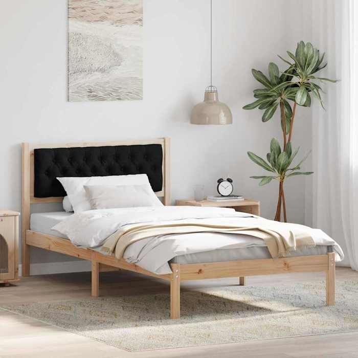 Structure de lit avec tête de lit - UU - 100x200 cm - Pin massif - Noir - Tête de lit rembourrée - Cadre à lattes
