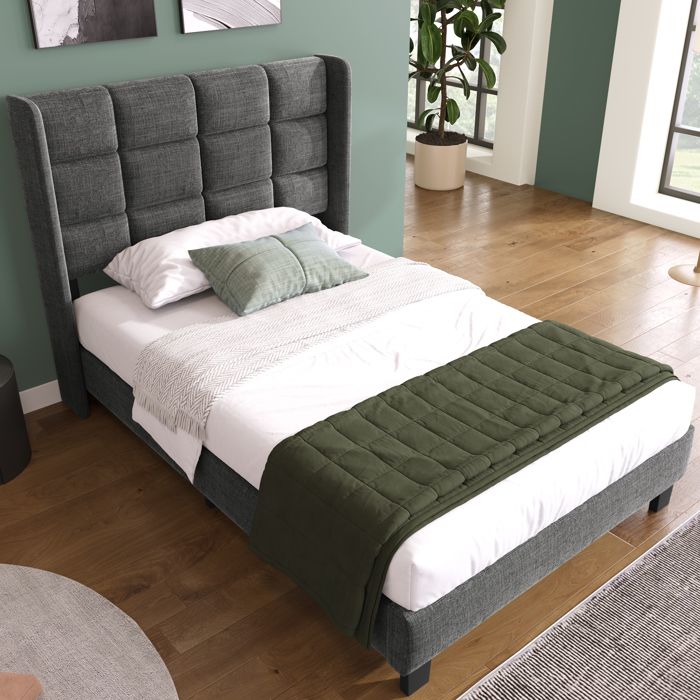 Lit Rembourré 90x200cm avec Tête de lit haute Lit 1 Personne avec Sommier à lattes et Noir Pieds Lin Gris Sans matelas