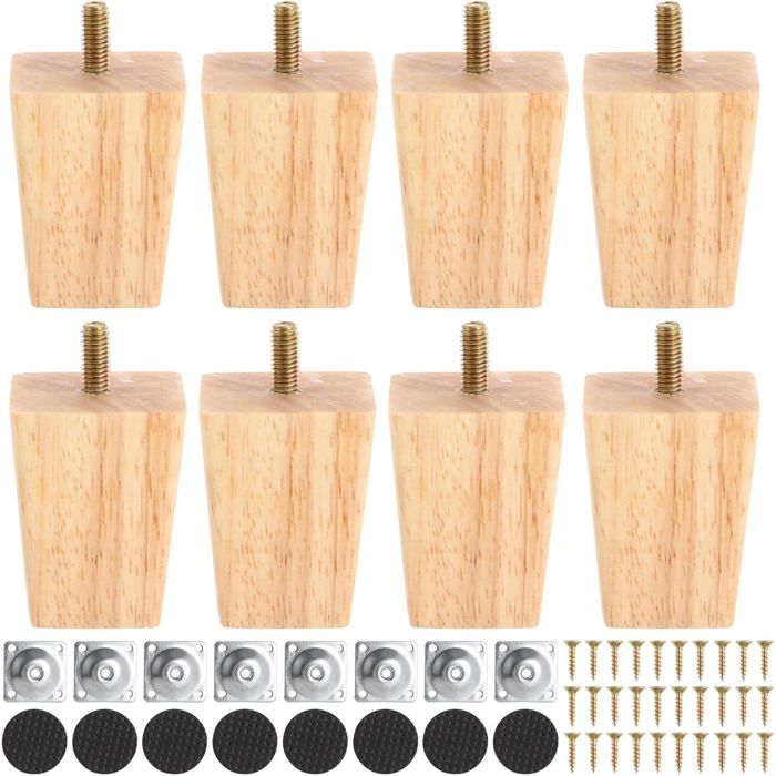 8pc Pieds de Meuble en Chêne Massif 6cm Pieds de Canapé Carrés avec Boulon M8 Pied de Lit et de Placard Robuste avec Plaques