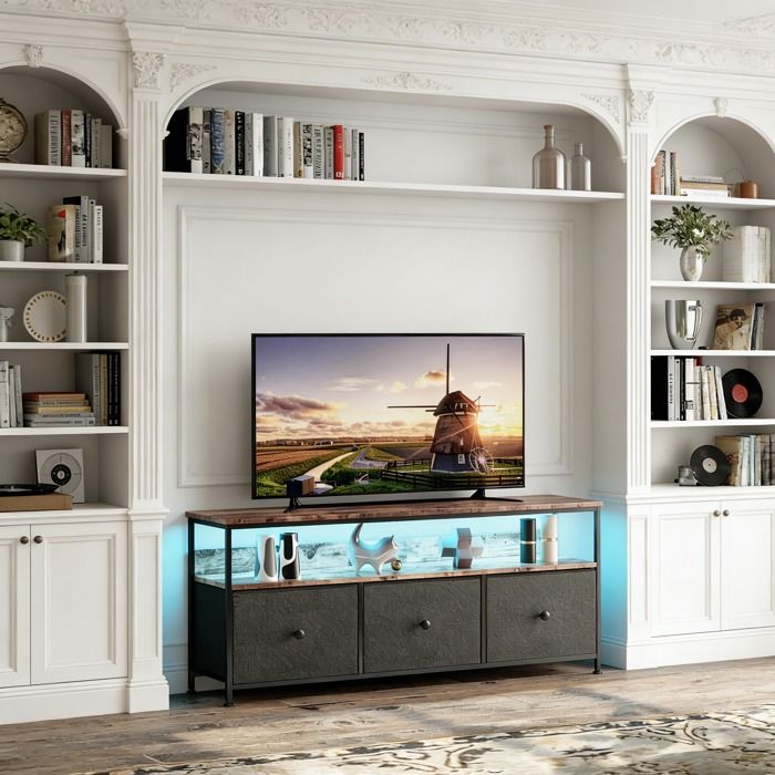 Meuble TV Métal - 108 cm - LED Réglable 3 Tiroirs Support TV 42 Pouces Étagères de Rangement Table Télé Salon Chambre Noir
