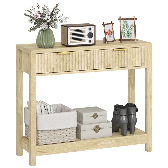 Console meuble - HOMCOM - 2 tiroirs rainurés et étagère - style moderne - bois - 90 x 30 x 76 cm - bois naturel