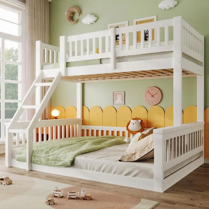 Lit superposé 90x200 cm + 140x200 cm avec échelle Lit enfant avec barrières de lit Style simple Lit 2 personnes en blanc