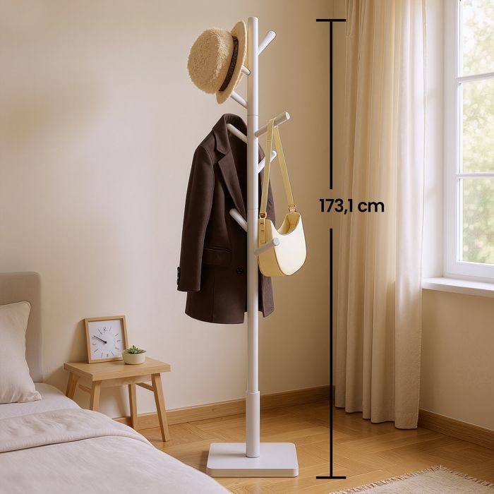 Porte-manteau Portant à Vêtements en Bois Support sur Pieds avec 8 Crochets pour Manteaux Chapeaux Bois dHévéa Blanc