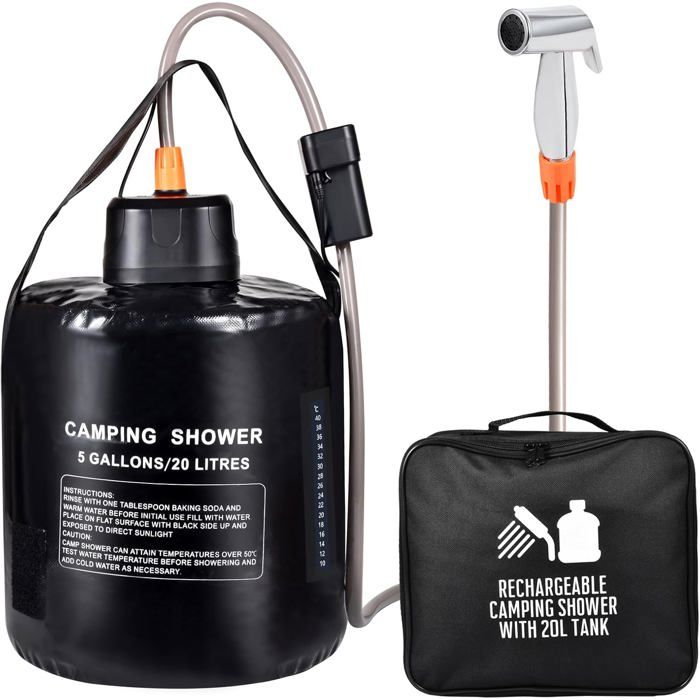 Douche solaire portable - Capacité 20L - Chauffage solaire - Thermomètre intégré - Pompe à air rechargeable