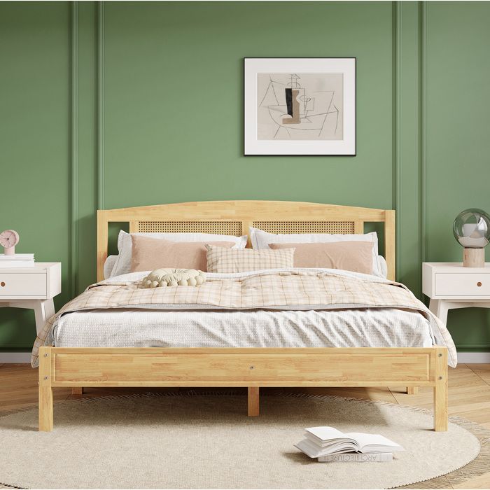 ULEVR lit double 160 x 200 cm en bois et rotin PE coloris naturel avec 15 lattes et pieds centraux