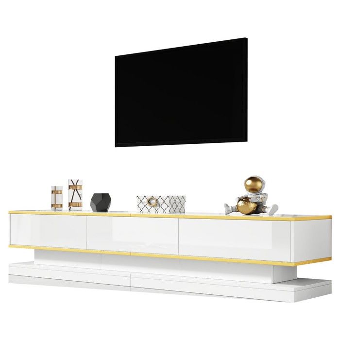 Meuble TV blanc chaud 200cm - 3 tiroirs - bordure dorée - buffet bas - grand rangement - salon brillant Meuble TV blanc chaud 200cm - 3 tiroirs - bordure dorée - buffet bas - grand rangement - salon brillant