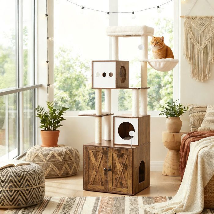 Arbre à Chat Moderne de 178 cm avec Enceinte pour Litière Marron