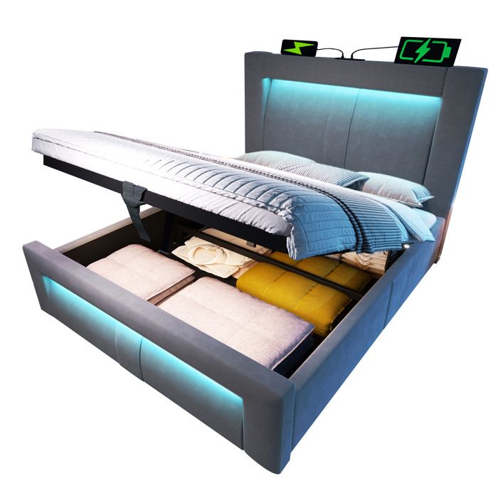 Lit simple 90x200 cm avec rangement hydraulique LED via appli ports USB & Type-C velours gris sans matelas