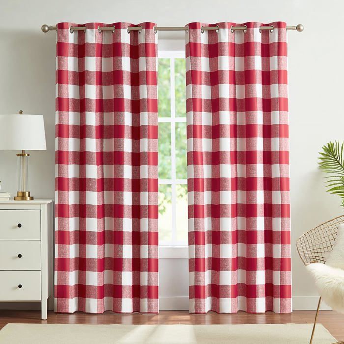 Lot De 2 Rideaux Occultants À Isolation Thermique Avec Œillets Pour Chambre À Coucher Et Salon Avec Motif À Carreaux - Rouge[RO751]