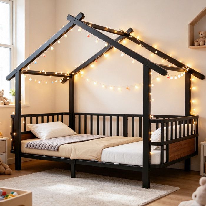Lit cabane lit enfant en Forme de Maison 90x200 avec barrières de sécurité Sommier métal lit 1 place pour garçons et filles noir