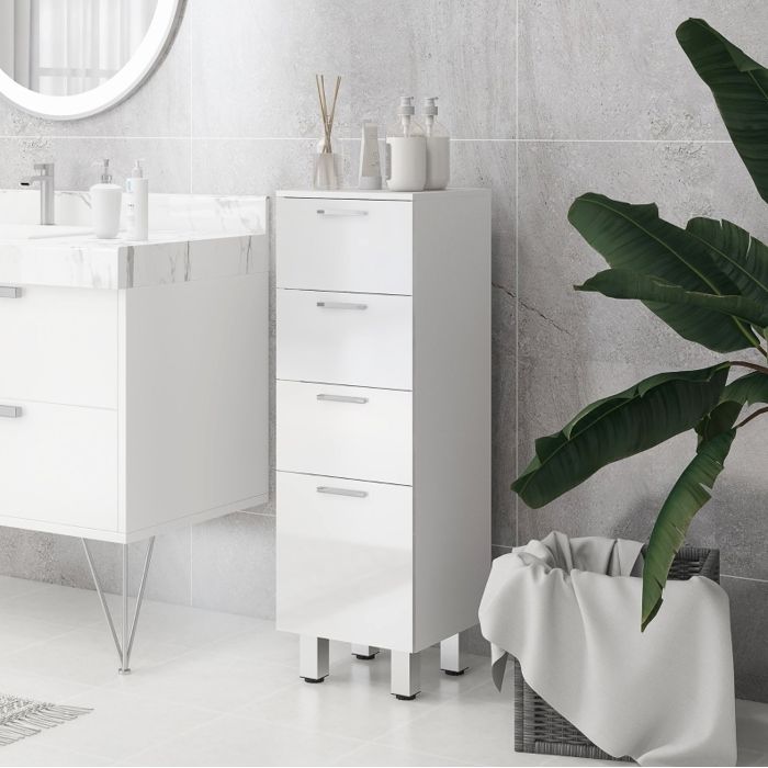 Meuble colonne de salle de bain blanc 30 x 30 x 93 cm en bois 4 tiroirs finition brillante