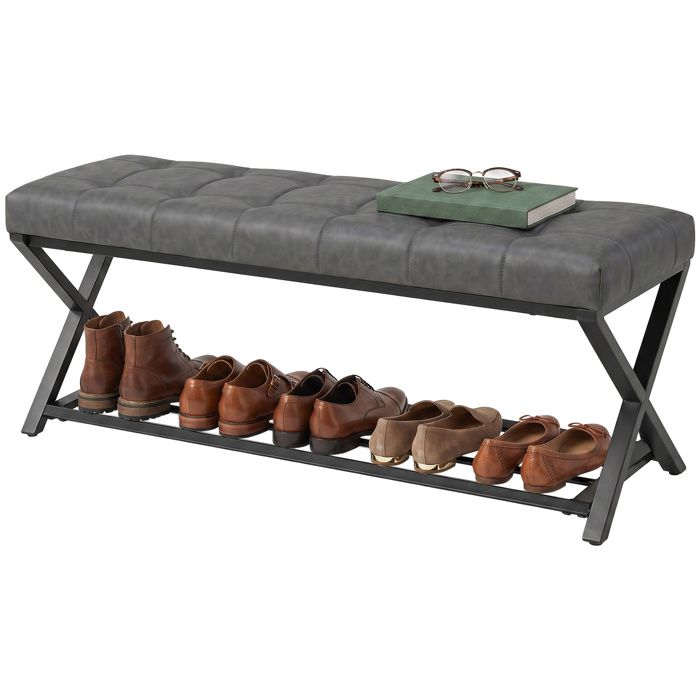 Banc dentrée rangement à chaussures avec coussin confortable assise Gris pieds en acier 112cm Meuble dentrée respirant moderne