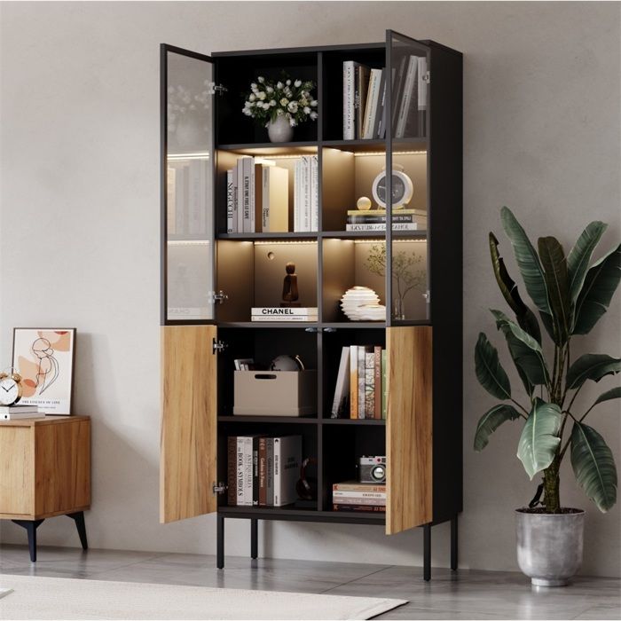 Vitrine de rangement 74x31x180cm Noir Chêne vitrine verre 5 étages LED pour collection salon bureau Vitrine de rangement 74x31x180cm Noir Chêne vitrine verre 5 étages LED pour collection salon bureau