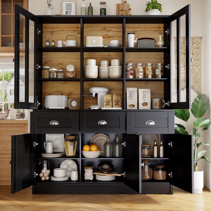 Meuble rangement buffet haut vitrine 140 x 40 x 175 cm noir avec 3 tiroirs portes en acrylique MDF Grjofek