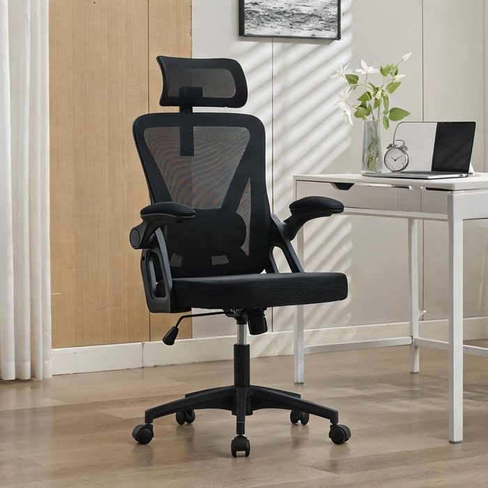 Chaise de bureau contemporaine en résille noire dossier haut avec soutien lombaire et appui-tête 1 place