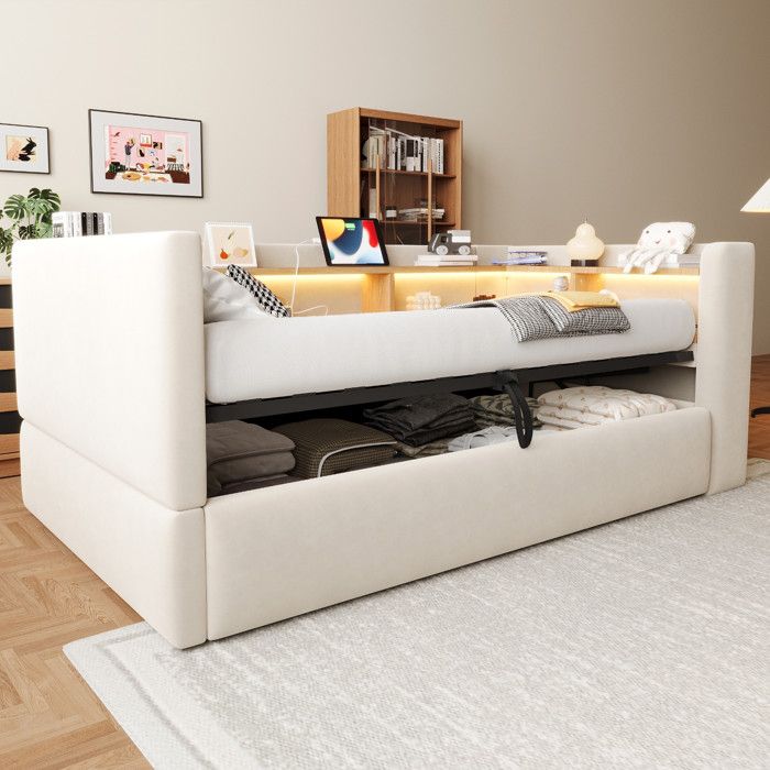 Lit Coffre 90x190cm - Lit Simple 90x190 avec Tête de Lit Étagère LED Prises USB - Beige