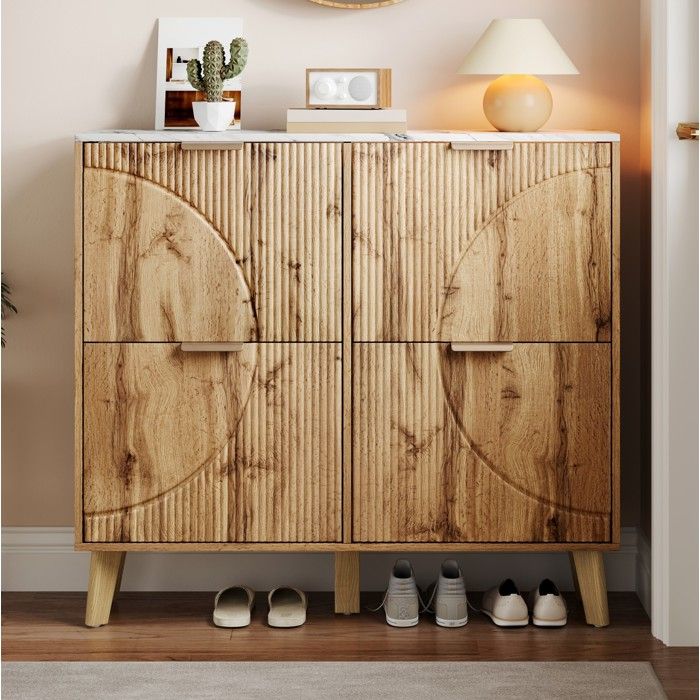 Meuble à Chaussures 4 Portes Abattantes Plateau aspect marbre - MEUNIQ - pour Entrée MDF et Bois Massif 105×24×95 5 cm