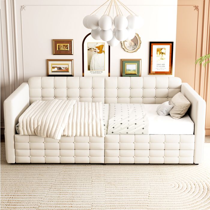 VUENOR lit coffre 90 x 190 cm beige - rangements integres 12 lattes sans matelas