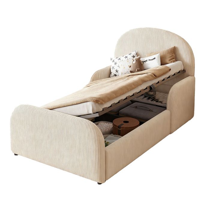 ELVORIN Lit enfant rembourré 90 x 200 cm rangement hydraulique tête et pied de lit hauts barrières mi-hauteur beige