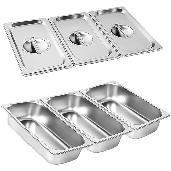 Lot de 3 Bacs Inox GN 1/3 - Acier Inoxydable - Avec Couvercle - Pour Bain-Marie et Four - 32 5x17 5x CASSETTE RECHARGE POUR SEBUMET