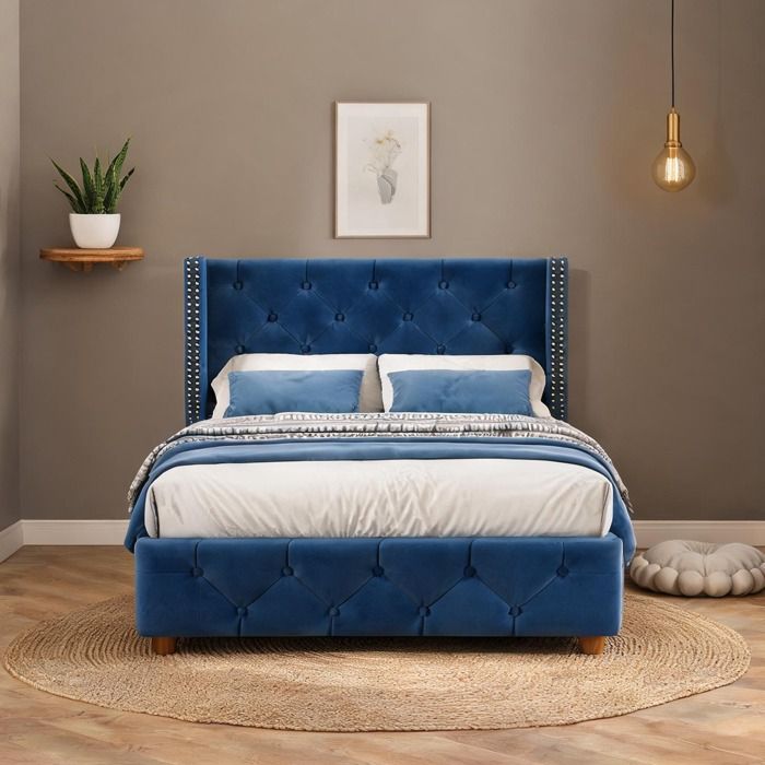 Lit une place 90×200 cm en velours soft blue avec sommier à lattes et tête capitonnée