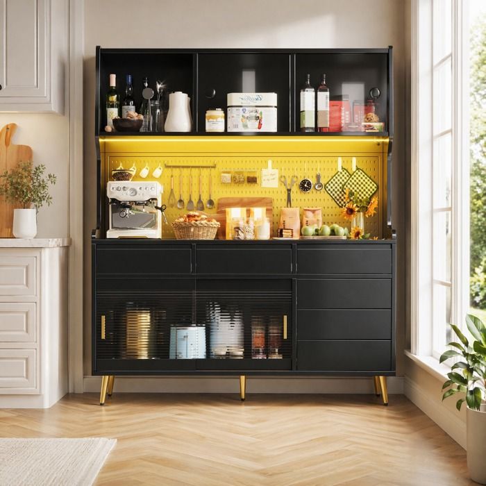 Buffet haut noir 1449 x 39 x 171 cm avec LED portes coulissantes en verre strié 4 tiroirs VEVXYN