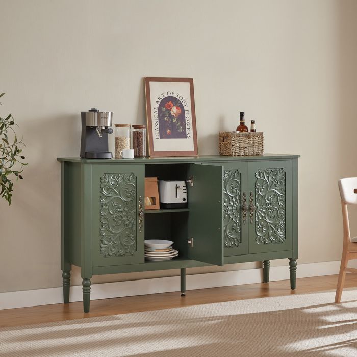 Buffet Bas 4 Portes Vert Vintage Bahut Rétro FloraGrace Pour Salle A Manger Et Salon Coins Arrondis 160x40x89cm