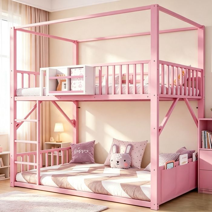 Lit superposé métal 90x200 cm rose – Structure toit rangements poche latérale et barrières de sécurité pour enfants et ados